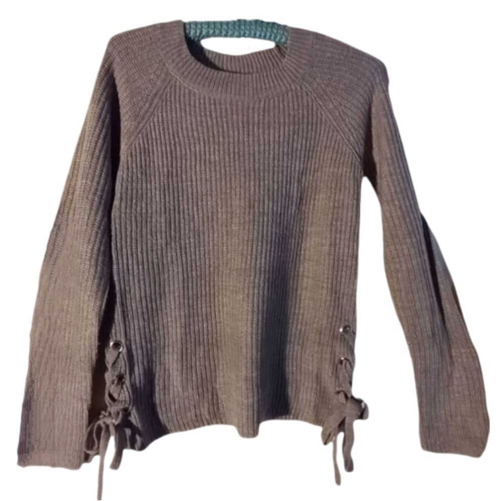 Staccato Knit Sweater Lace-Up Sides Ribbed Crew Neck Casual Brown Size S